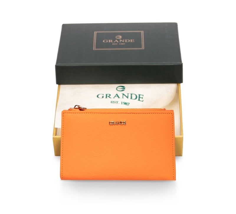 grande 2804 Genuine Leather Medium Bifold Wallet For Women Minimalist Wallet Ladies Zippered Mini Purse Small Card Holder (Orange) - Image 4