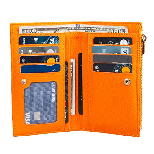 grande 2804 Genuine Leather Medium Bifold Wallet For Women Minimalist Wallet Ladies Zippered Mini Purse Small Card Holder (Orange) - Image 3