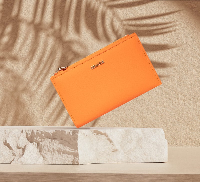 grande 2804 Genuine Leather Medium Bifold Wallet For Women Minimalist Wallet Ladies Zippered Mini Purse Small Card Holder (Orange) - Image 2