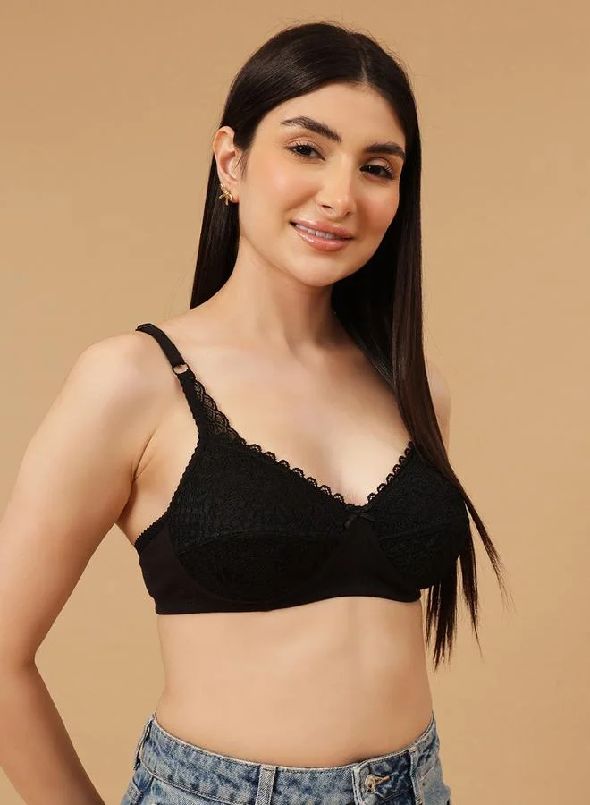 Clovia  Black Lace Details Non-Padded Non-Wired Full Coverage Balconette Bra for Women | Best Price UAE