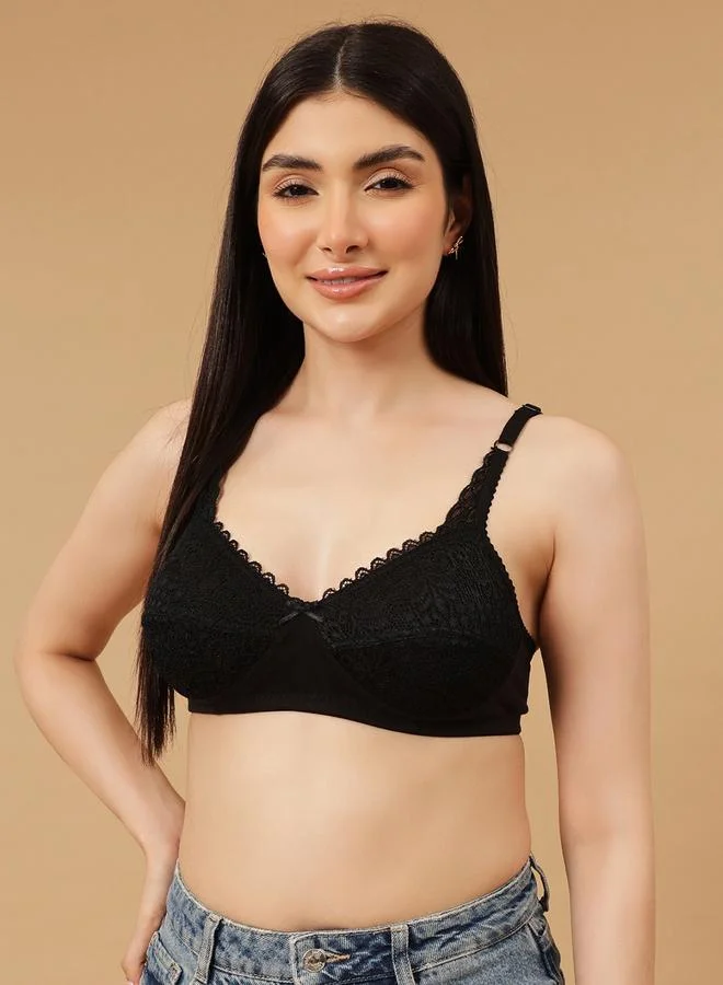 كلوفيا Black Lace Details Non-Padded Non-Wired Full Coverage Balconette Bra