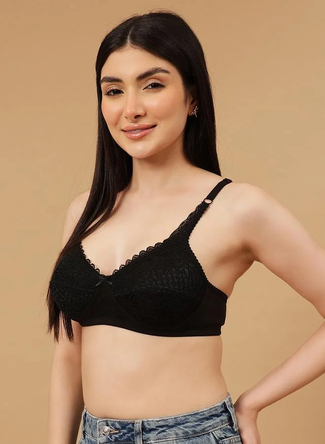 كلوفيا Black Lace Details Non-Padded Non-Wired Full Coverage Balconette Bra
