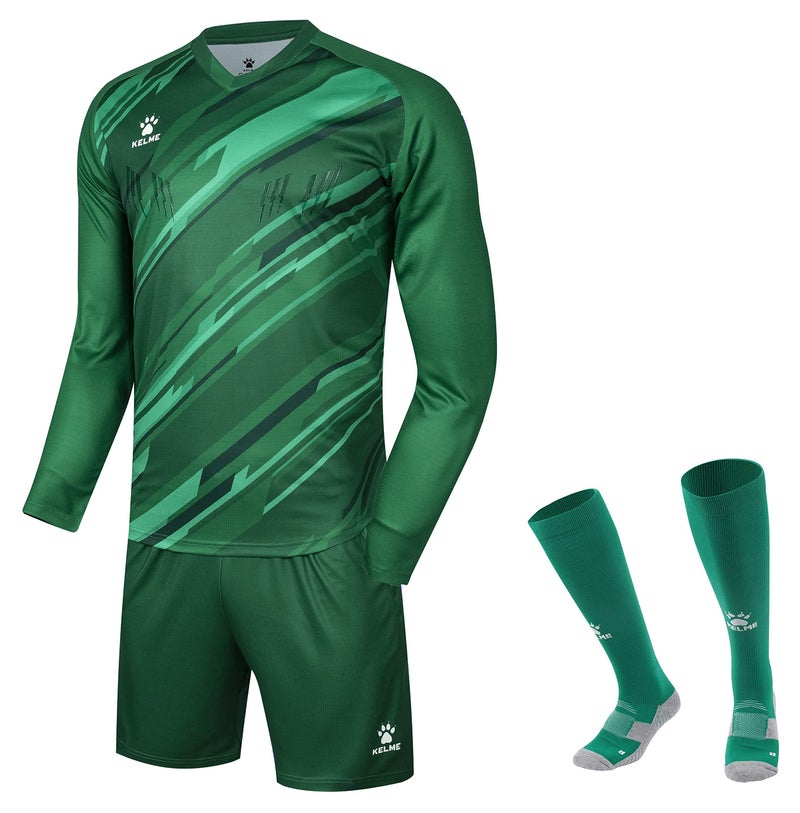 KELME Soccer Goalkeeper Jersey Pro Set Uniform - Padded Goalkeeper Shirt Shorts Socks - Men's Goalie Jersey Adults Kids (Green, Kids 10) - Image 1