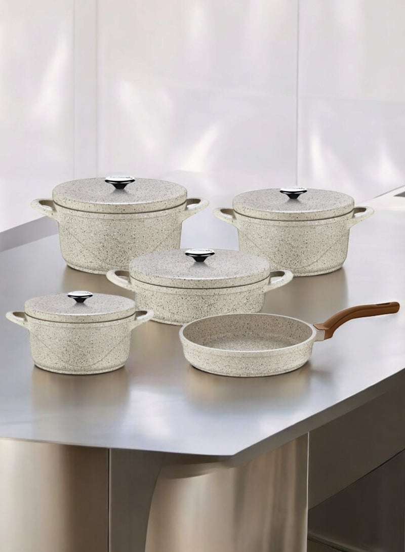 OZO 9Pcs Oven Safe Granite Cookware Set Contains : 20 ,24 .28 Cm Casseroles , 26 Cm Shallow Casserole and 26 Cm Frypan-Made in Turkey 