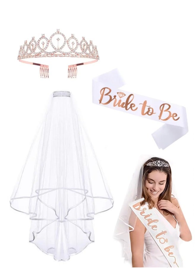 Generic 3 Pack Bride to Be Set Include Bride to Be Sash,Bridal Veil with Comb,Rhinestone Tiara for Bride Shower,Wedding,Bachelorette  - Image 1