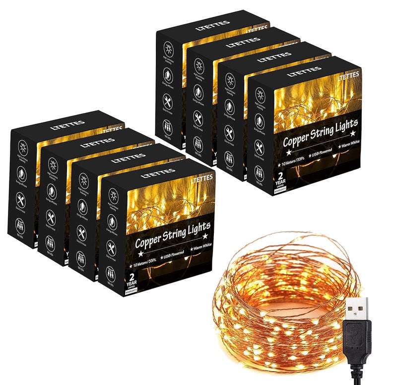 LTETTES LTETTES 10 Meters 100 LED Copper String Lights IP65 Waterproof 5V USB Powered Warm White Pack of 8 DC 5V USB  - Image 1