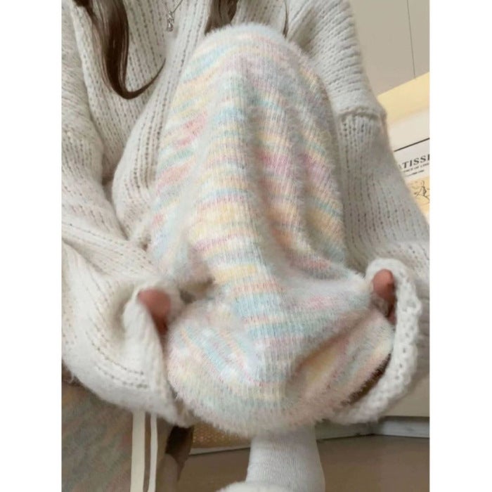 Rainbow Glutinous Rice Pants Womens Autumn and Winter New Casual Knitted Cotton Pants High Waist Draped Soft Glutinous Fleece-Lined Wide Leg Pants New Style Rainbow pink