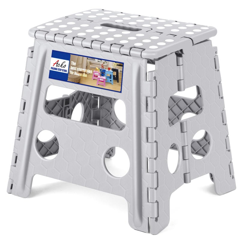 ACKO Folding Step Stool Foldable Stool 13 inch Plastic Stools for Kids and Adults Up to 300 lbsStepping Foot Stool with Portable Handle for Kitchen Closet Bedroom Grey