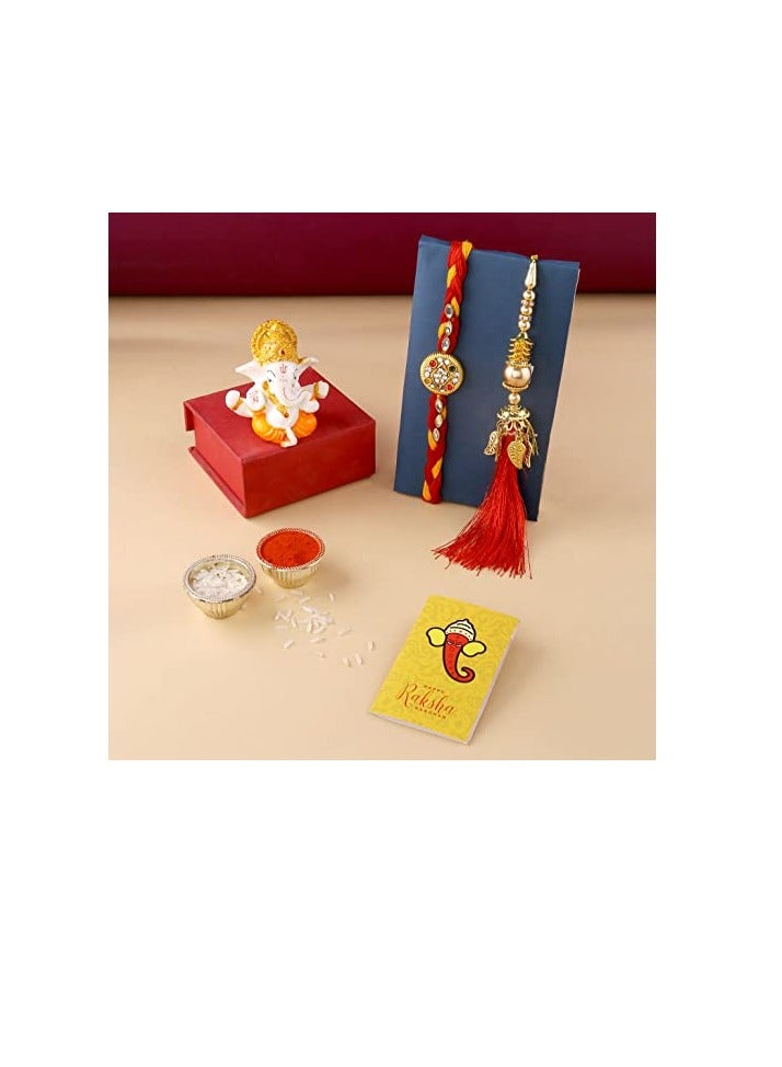 CraftVatika CraftVatika Rakhi Gift for Brother Bhabhi with Showpiece Combo Gift- Kundan Rakhi, Red Floral Lumba Rakhi for Brother Bhabhi with Figurine - Image 1