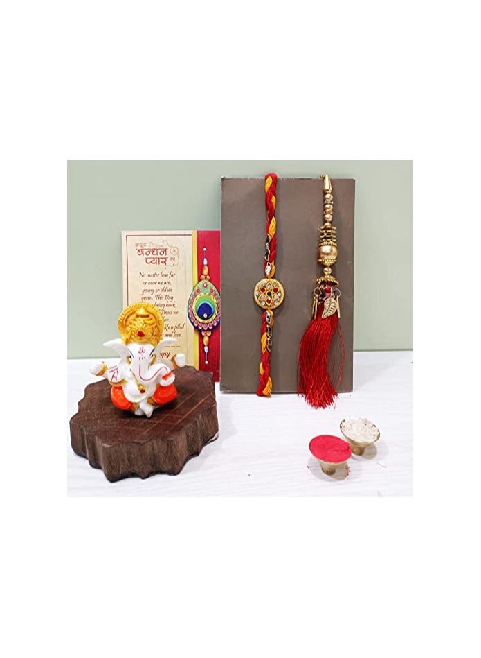 CraftVatika CraftVatika Rakhi Gift for Brother Bhabhi with Showpiece Combo Gift- Kundan Rakhi, Red Floral Lumba Rakhi for Brother Bhabhi with Figurine - Image 2