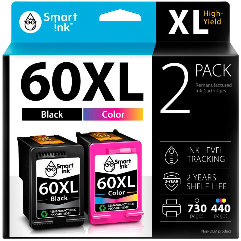 Smart Ink Remanufactured Ink Cartridge Replacement for HP 60 XL HP60XL Black and Color Combo Pack for Photosmart C4680 C4795 C4780 D110a DeskJet F2430 F2480 F4280 F4480 F4400 F4440 F4580 Envy 120 - Image 1