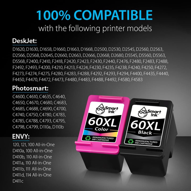 Smart Ink Remanufactured Ink Cartridge Replacement for HP 60 XL HP60XL Black and Color Combo Pack for Photosmart C4680 C4795 C4780 D110a DeskJet F2430 F2480 F4280 F4480 F4400 F4440 F4580 Envy 120 - Image 2