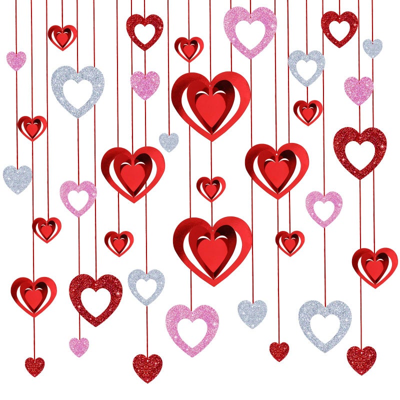 BOARDFEB Romantic Valentine's Hanging Decor, Hanging Heart Ornaments 38 Pcs Heart Ceiling Decorations with Ribbons for Parties Wedding Anniversary Birthday - Image 1