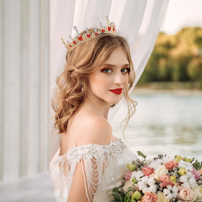 Frcolor Queen Crowns, Rhinestone Baroque Vintage Wedding Tiara and Crowns (Red) - Image 2