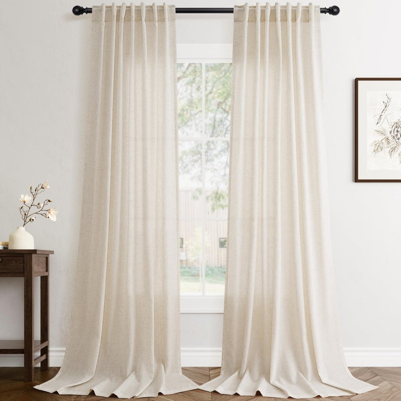 Jowels Flax Linen Beige Curtains 84 inches Long 2 Panel for Living Room Back Tab Pocket Drapes Semi Sheer Privacy Khaki Window Curtain Country Rustic Farmhouse Cloth Curtain for Dinning Room Tan - Image 1