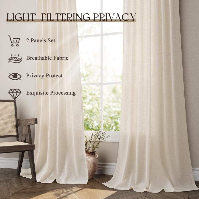 Jowels Flax Linen Beige Curtains 84 inches Long 2 Panel for Living Room Back Tab Pocket Drapes Semi Sheer Privacy Khaki Window Curtain Country Rustic Farmhouse Cloth Curtain for Dinning Room Tan - Image 4