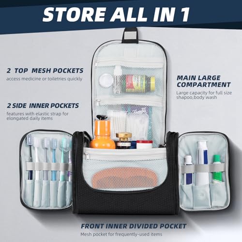 Buruis Large Capacity Toiletry Bag for Women and Men, Hanging Toiletry Organizer Cosmetics Makeup Bag, Water-resistant Dopp Kit Shaving Bags for Full Sized Toiletries, Travel Essentials (Black) - Image 2