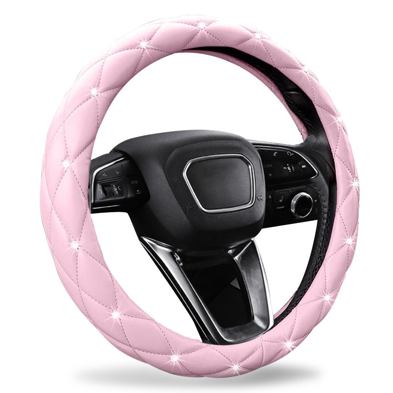 SuperKaKa Pink Steering Wheel Cover 2025, Auto Cute Diamond Bling Comfort Leather Girly Car Interior Accessories Protector Sparkly Automotive Decoration for Women Girl Coquette - Image 1