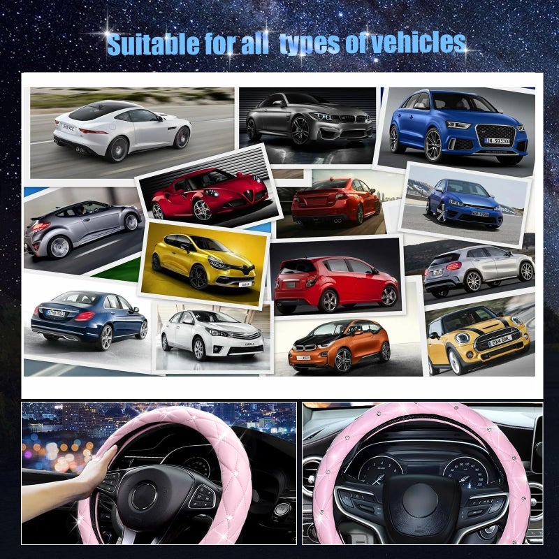 SuperKaKa Pink Steering Wheel Cover 2025, Auto Cute Diamond Bling Comfort Leather Girly Car Interior Accessories Protector Sparkly Automotive Decoration for Women Girl Coquette - Image 4