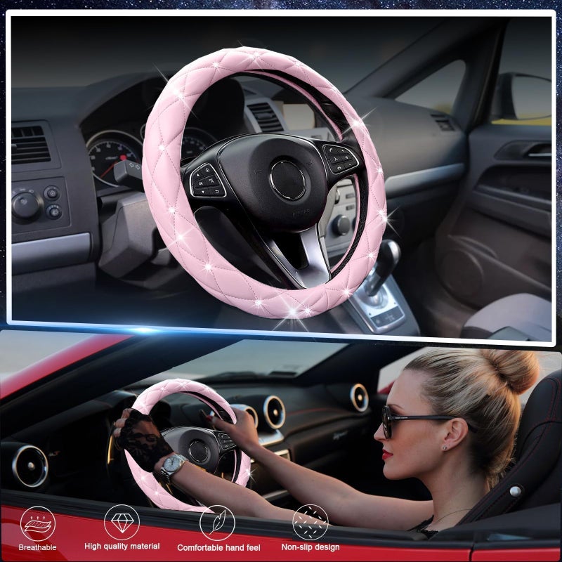 SuperKaKa Pink Steering Wheel Cover 2025, Auto Cute Diamond Bling Comfort Leather Girly Car Interior Accessories Protector Sparkly Automotive Decoration for Women Girl Coquette - Image 2