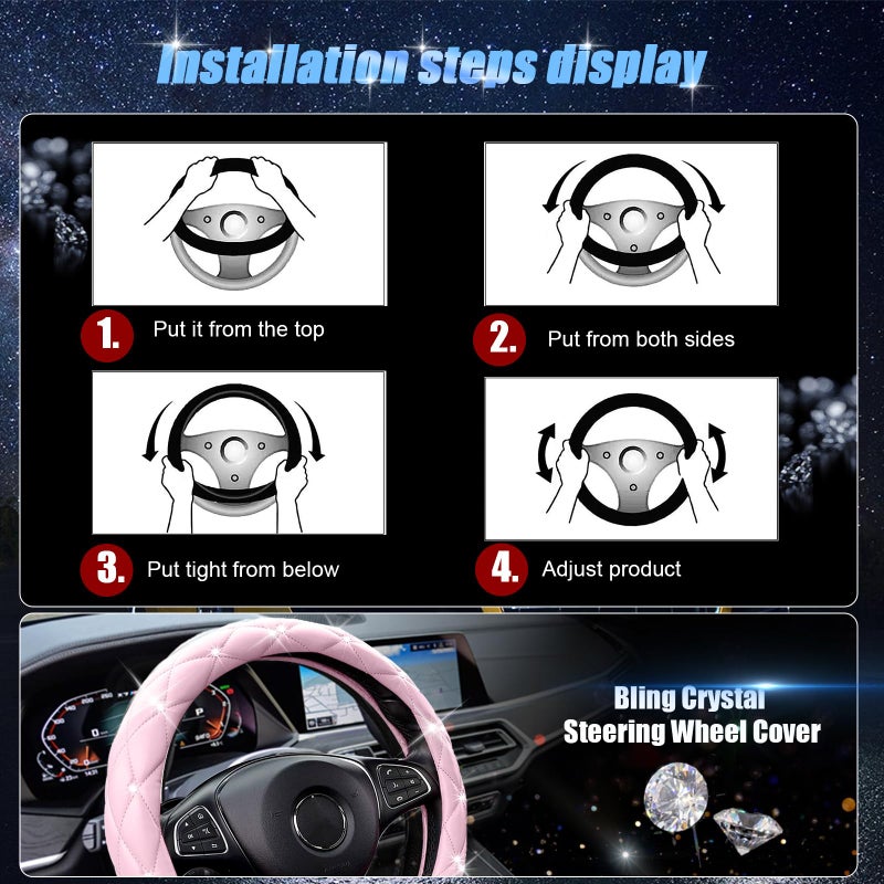 SuperKaKa Pink Steering Wheel Cover 2025, Auto Cute Diamond Bling Comfort Leather Girly Car Interior Accessories Protector Sparkly Automotive Decoration for Women Girl Coquette - Image 5