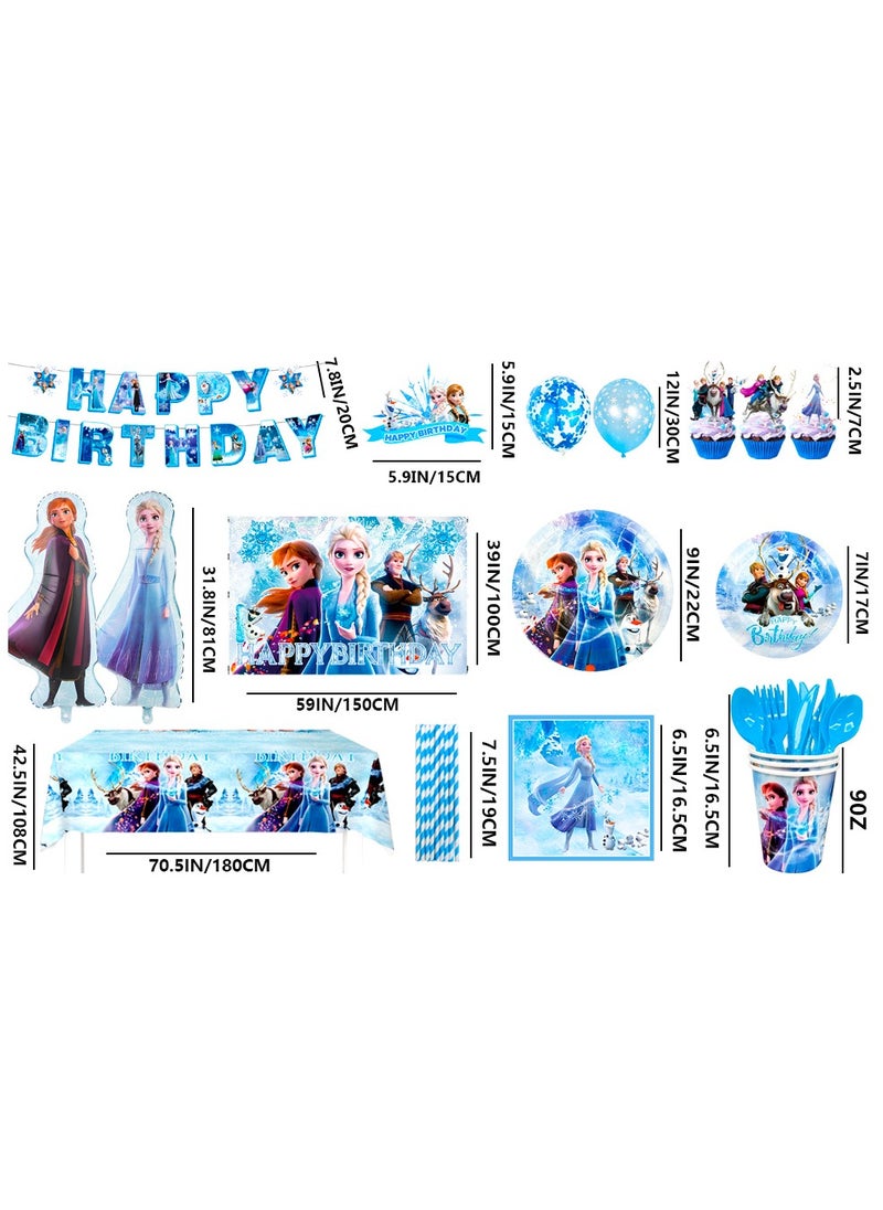 FRUITFUL PARTY - Frozen Birthday Party Decorations, 124pcs Frozen Disposable Party Tableware Set, Wonderland Party Decoration Elsa Balloons Plates Napkins Cups Frozen Tablecloth Banner Backdrop etc Frozen Themed Birthday Party Supplies - Image 1