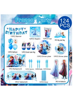 FRUITFUL PARTY Frozen Birthday Party Decorations, 124pcs Frozen Disposable Party Tableware Set, Wonderland Party Decoration Elsa Balloons Plates Napkins Cups Frozen Tablecloth Banner Backdrop etc Frozen Themed Birthday Party Supplies  - Image 2