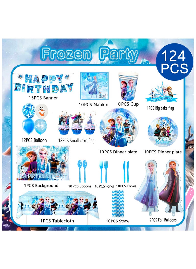 FRUITFUL PARTY - Frozen Birthday Party Decorations, 124pcs Frozen Disposable Party Tableware Set, Wonderland Party Decoration Elsa Balloons Plates Napkins Cups Frozen Tablecloth Banner Backdrop etc Frozen Themed Birthday Party Supplies - Image 1