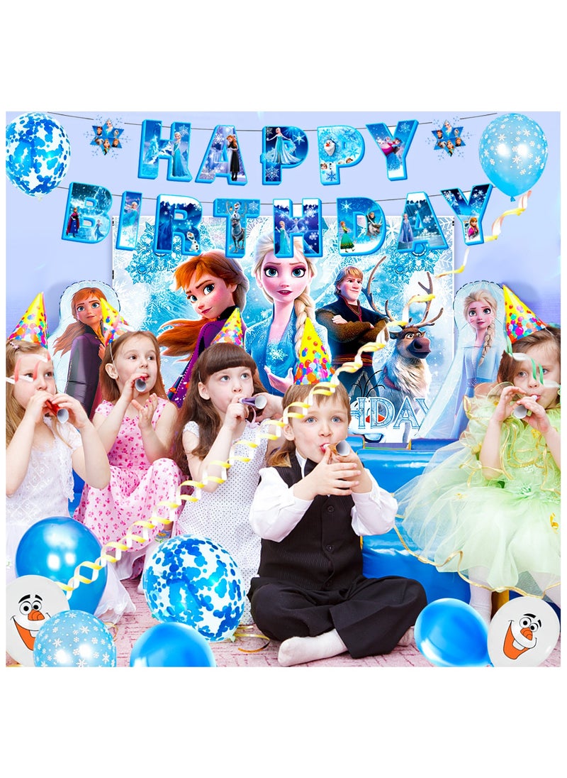 FRUITFUL PARTY - Frozen Birthday Party Decorations, 124pcs Frozen Disposable Party Tableware Set, Wonderland Party Decoration Elsa Balloons Plates Napkins Cups Frozen Tablecloth Banner Backdrop etc Frozen Themed Birthday Party Supplies - Image 1