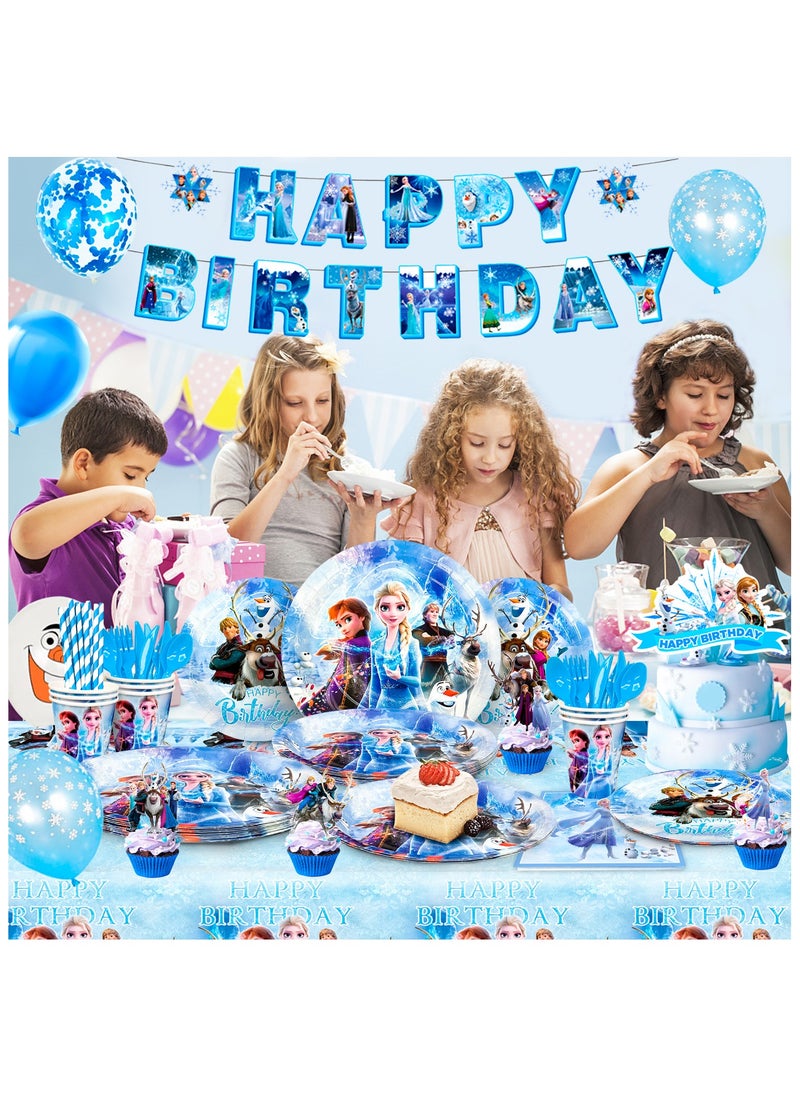 FRUITFUL PARTY - Frozen Birthday Party Decorations, 124pcs Frozen Disposable Party Tableware Set, Wonderland Party Decoration Elsa Balloons Plates Napkins Cups Frozen Tablecloth Banner Backdrop etc Frozen Themed Birthday Party Supplies - Image 1