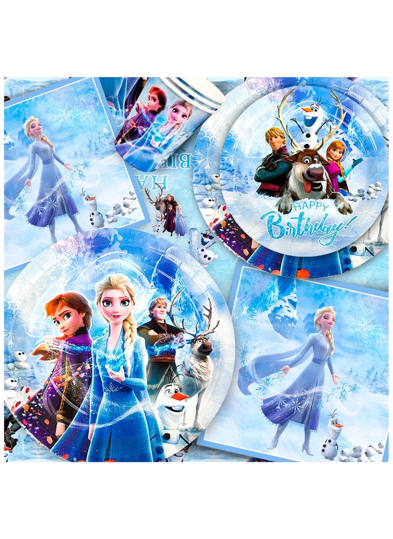 FRUITFUL PARTY - Frozen Birthday Party Decorations, 124pcs Frozen Disposable Party Tableware Set, Wonderland Party Decoration Elsa Balloons Plates Napkins Cups Frozen Tablecloth Banner Backdrop etc Frozen Themed Birthday Party Supplies - Image 1