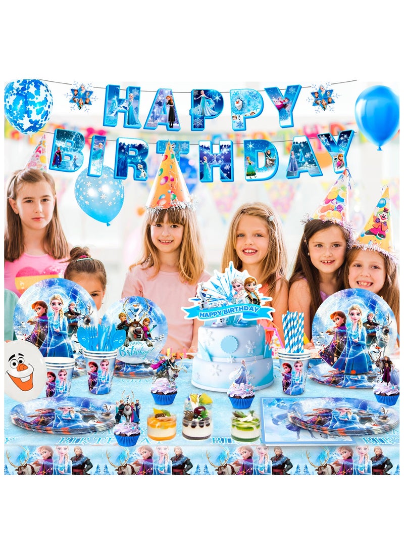 FRUITFUL PARTY - Frozen Birthday Party Decorations, 124pcs Frozen Disposable Party Tableware Set, Wonderland Party Decoration Elsa Balloons Plates Napkins Cups Frozen Tablecloth Banner Backdrop etc Frozen Themed Birthday Party Supplies - Image 1