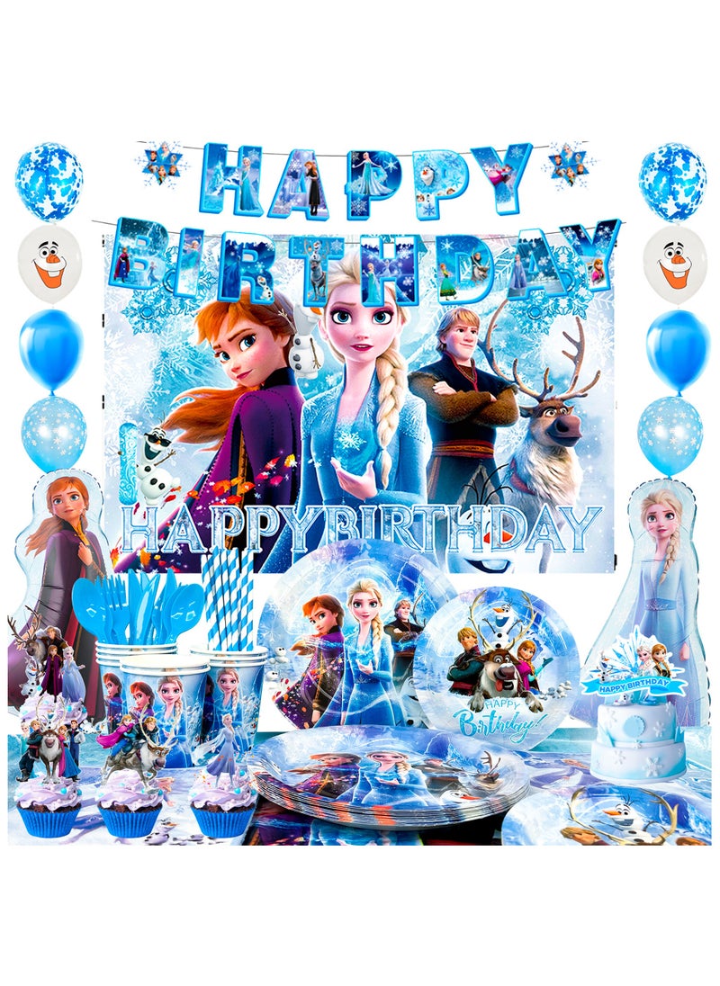 FRUITFUL PARTY - Frozen Birthday Party Decorations, 124pcs Frozen Disposable Party Tableware Set, Wonderland Party Decoration Elsa Balloons Plates Napkins Cups Frozen Tablecloth Banner Backdrop etc Frozen Themed Birthday Party Supplies - Image 1