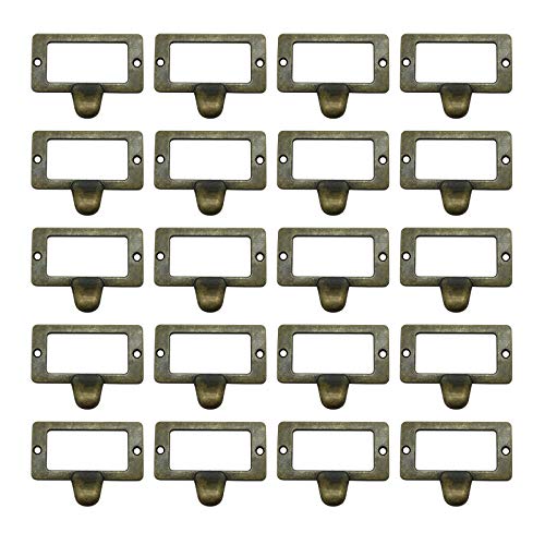 WEICHUAN 20-Pack Zinc Alloy Antique Bronze Label Frame Drawer Pulls -Vintage Industrial Style Apothecary Card Catalog Holder Pull Handles for Drawers and Cabinets, 1.7" X 2.2" - Image 1