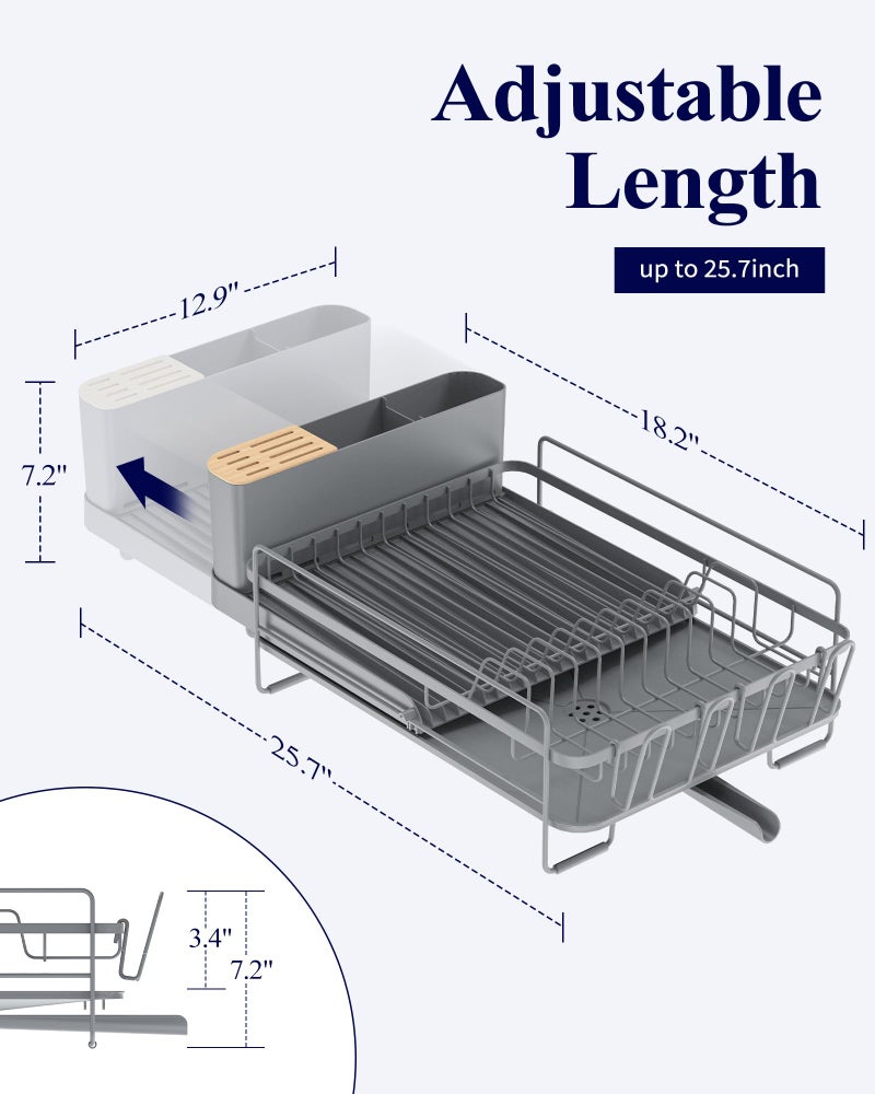 Kitsure Extendable Dish Drying Rack, Large Drying Dish Rack with Cutlery & Cup Holders, Multifunctional Dish Racks for Counter with Drainage, 18.2"-25.7" L x 12.9" W, Grey - Image 2
