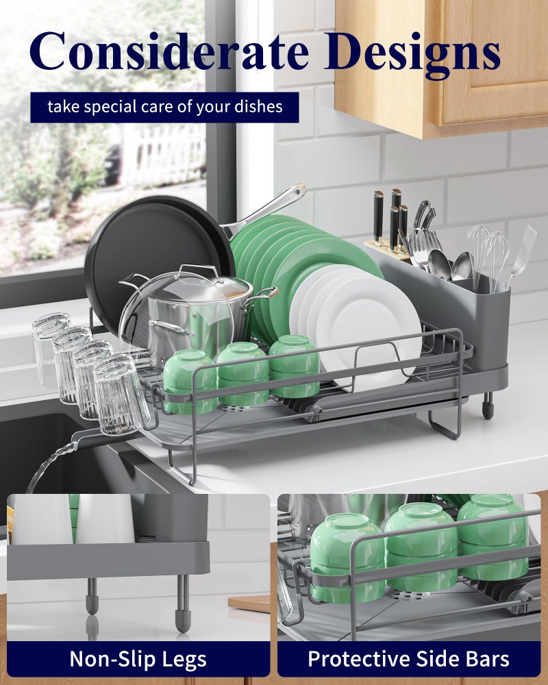 Kitsure Extendable Dish Drying Rack, Large Drying Dish Rack with Cutlery & Cup Holders, Multifunctional Dish Racks for Counter with Drainage, 18.2"-25.7" L x 12.9" W, Grey - Image 5