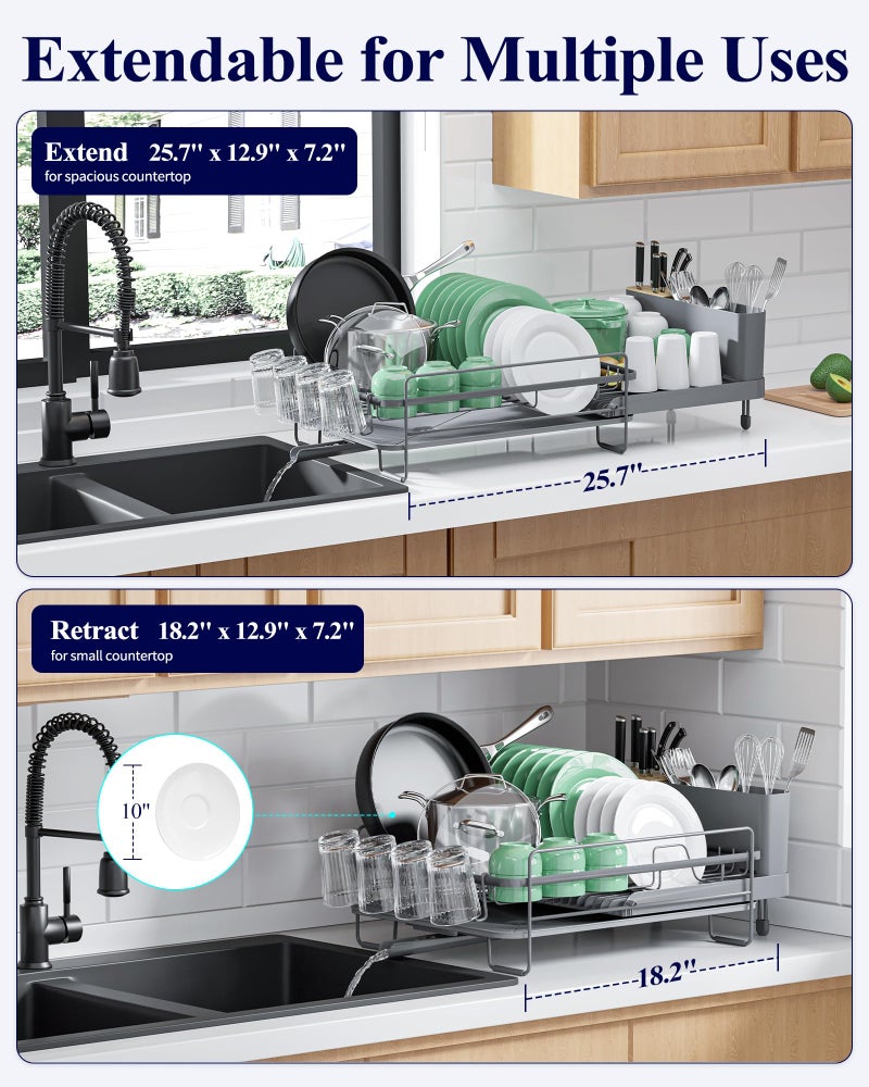 Kitsure Extendable Dish Drying Rack, Large Drying Dish Rack with Cutlery & Cup Holders, Multifunctional Dish Racks for Counter with Drainage, 18.2"-25.7" L x 12.9" W, Grey - Image 3