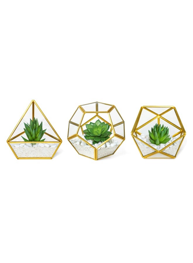 Mkono Artificial Succulent In 3 Pack Mini Glass Geometric Terrarium Miniature Potted Faux Plant Bookshelf Desk Boho Office Room Decor For Women Girls Dorm Gift Idea Gold  - Image 1