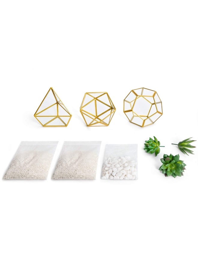 Mkono Artificial Succulent In 3 Pack Mini Glass Geometric Terrarium Miniature Potted Faux Plant Bookshelf Desk Boho Office Room Decor For Women Girls Dorm Gift Idea Gold  - Image 5