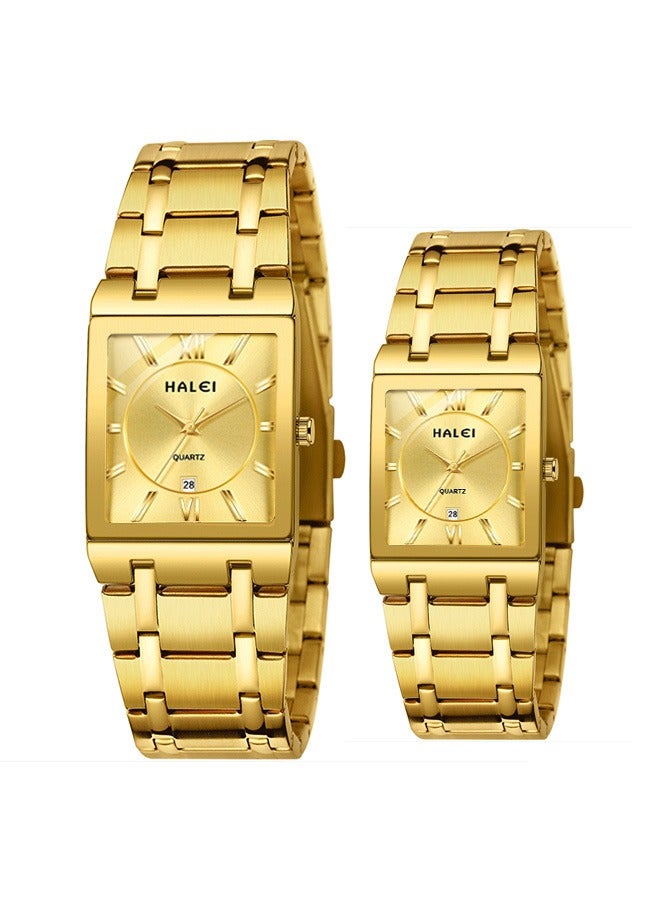 HALEI HALEI 2-Piece Square Luxury Couple Watches Gold Tone Stainless Steel Quartz Calendar Wristwatch Rhinestone His and Her Watch Set - Image 1