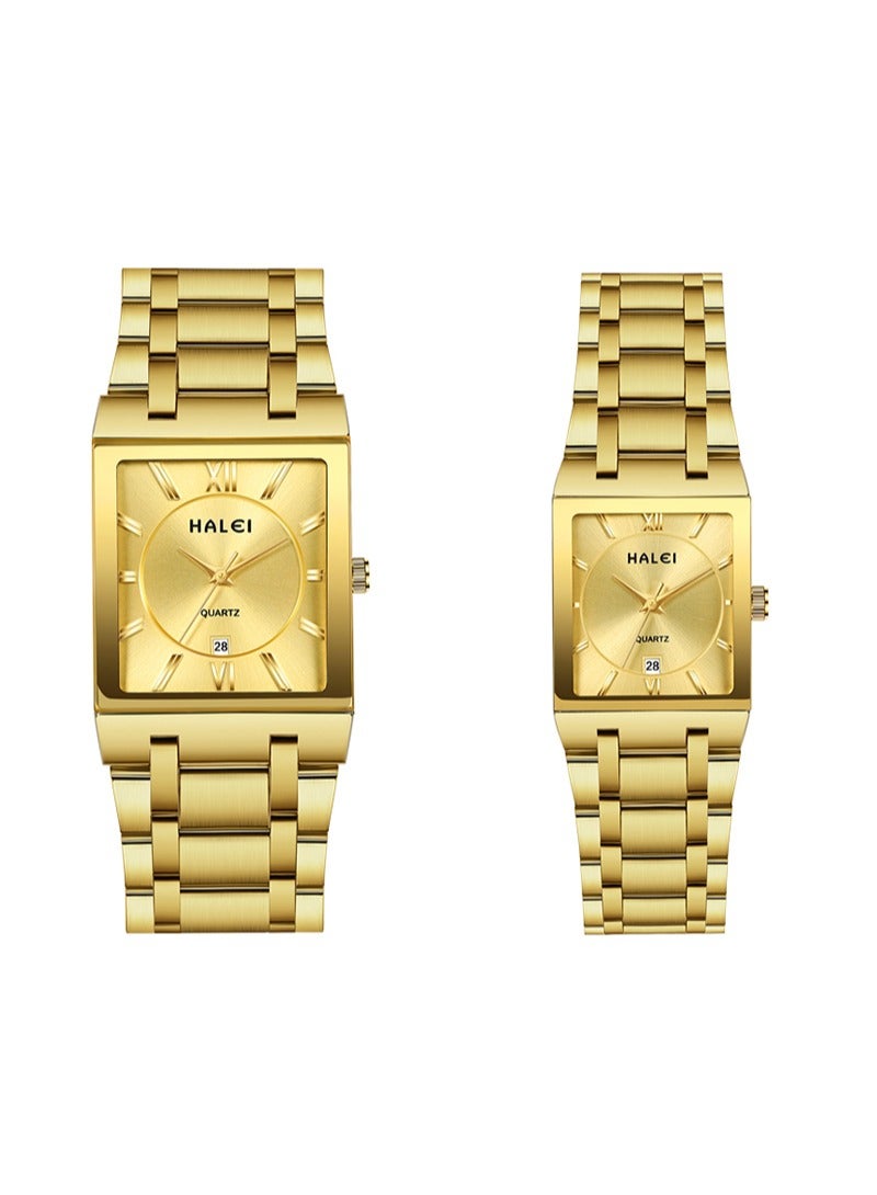 HALEI HALEI 2-Piece Square Luxury Couple Watches Gold Tone Stainless Steel Quartz Calendar Wristwatch Rhinestone His and Her Watch Set - Image 2