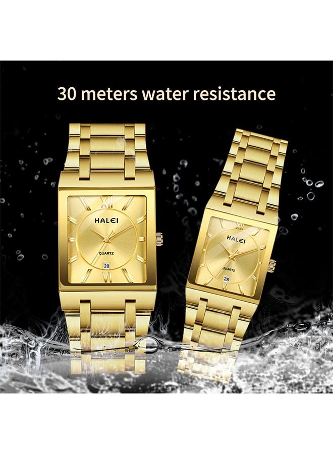 HALEI HALEI 2-Piece Square Luxury Couple Watches Gold Tone Stainless Steel Quartz Calendar Wristwatch Rhinestone His and Her Watch Set - Image 5