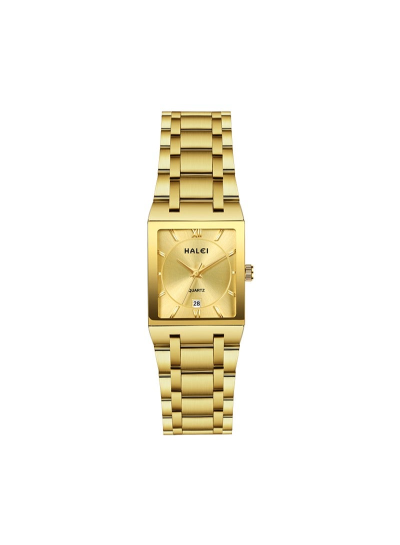 HALEI HALEI 2-Piece Square Luxury Couple Watches Gold Tone Stainless Steel Quartz Calendar Wristwatch Rhinestone His and Her Watch Set - Image 4