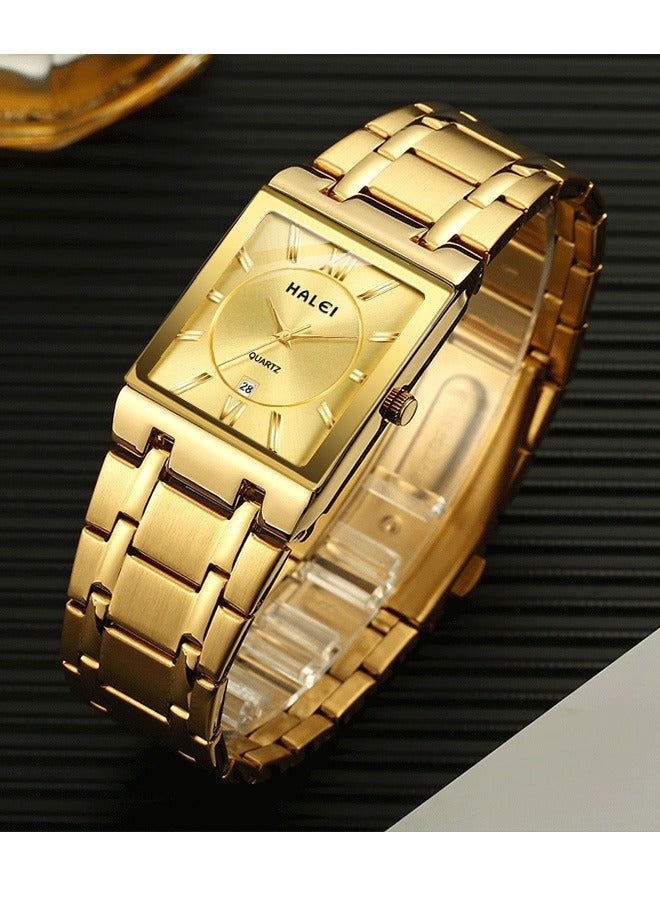 HALEI HALEI 2-Piece Square Luxury Couple Watches Gold Tone Stainless Steel Quartz Calendar Wristwatch Rhinestone His and Her Watch Set - Image 3