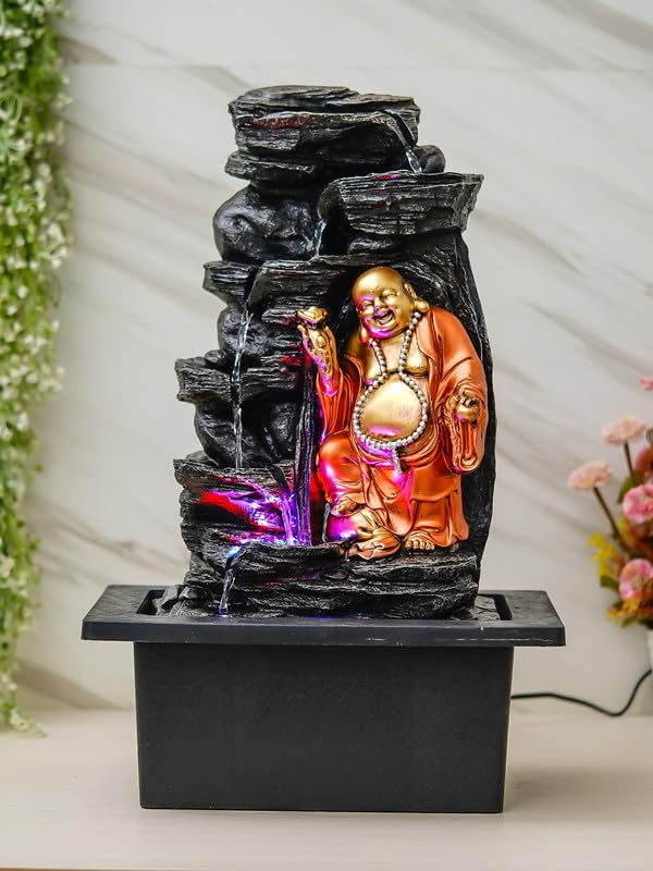 CHRONIKLE Golden Brown Polyresin Tabletop Laughing Buddha 6 Step Indoor Water Fountain for Home Decor with LED Speed Control Pump Size 37 x 28 x 57 CM Weight 3260Gram