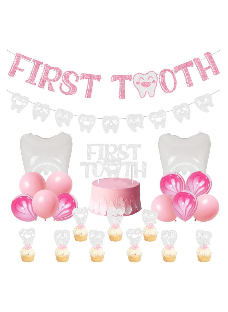 48PCS First Tooth 1st Birthday Party Decorations for Girls - Pink Birthday Supplies with Glitter First Tooth Banners Cake & Cupcake Toppers and Teeth Foil Balloons for Kids One Year Old Dental Decor - Image 1