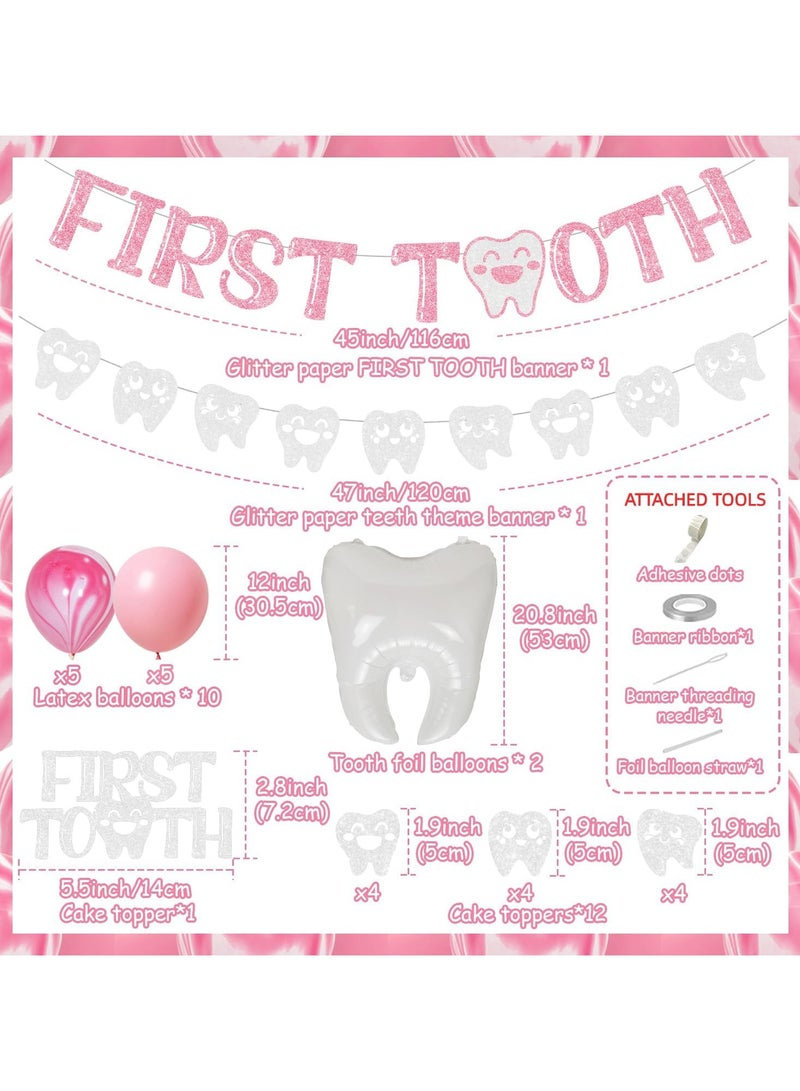 48PCS First Tooth 1st Birthday Party Decorations for Girls - Pink Birthday Supplies with Glitter First Tooth Banners Cake & Cupcake Toppers and Teeth Foil Balloons for Kids One Year Old Dental Decor - Image 2