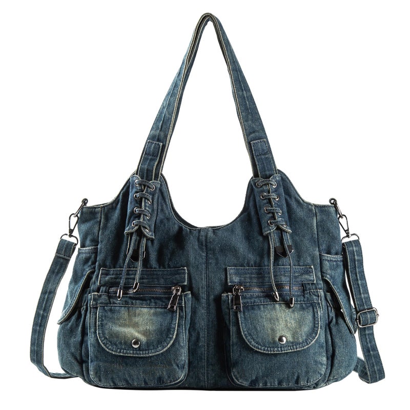 iPinee Designer Denim Handbags for Women Hobo Tote Bag Crossbody Denim Purses Blue Jean Shoulder Bag (IP-A1) - Image 1