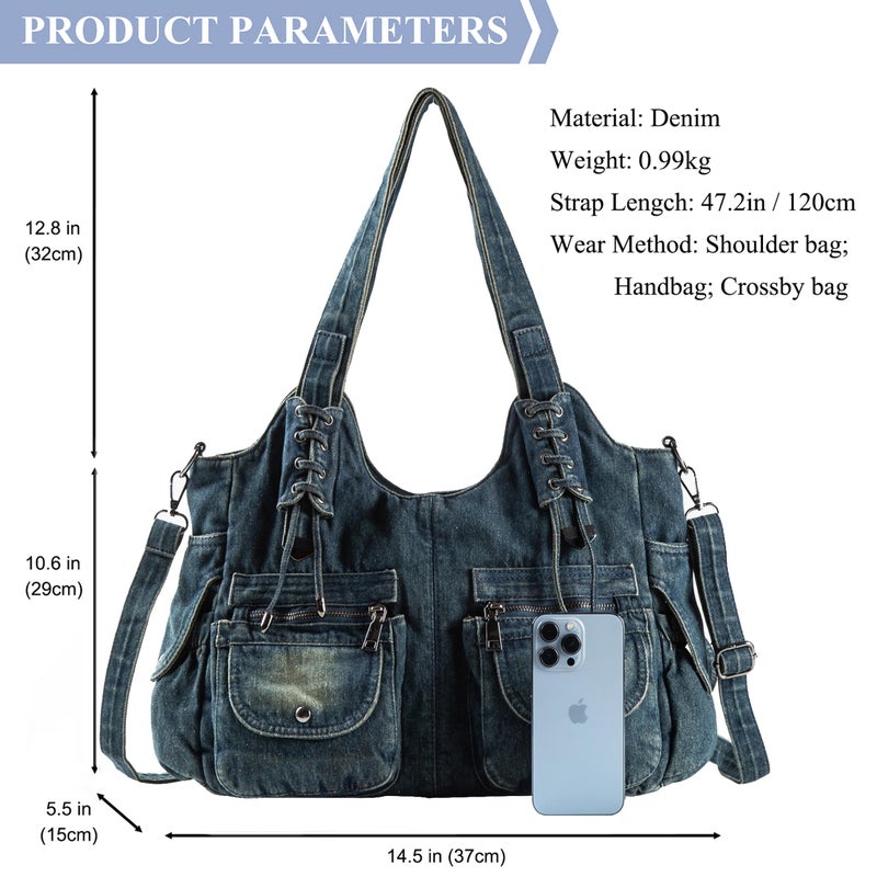 iPinee Designer Denim Handbags for Women Hobo Tote Bag Crossbody Denim Purses Blue Jean Shoulder Bag (IP-A1) - Image 3