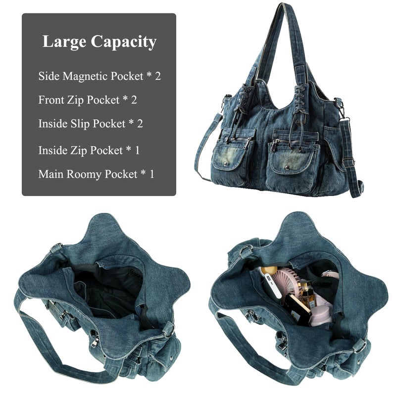 iPinee Designer Denim Handbags for Women Hobo Tote Bag Crossbody Denim Purses Blue Jean Shoulder Bag (IP-A1) - Image 5